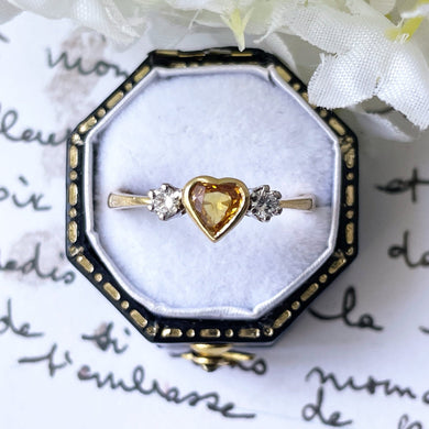 Vintage 18ct Gold Yellow Heart Cut Sapphire & Diamond Ring. 3-Stone 1.5ct Golden Sapphire Engagement Ring. Trilogy Ring, Size UK/O, US/7-1/4
