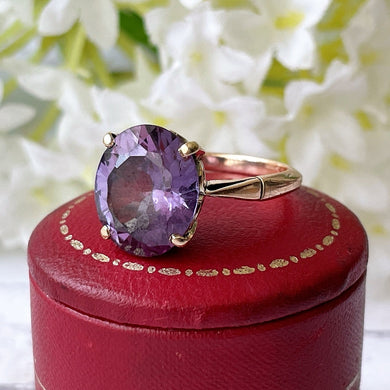 Art Deco 9ct Gold Alexandrite Ring. Vintage 5 Carat Synthetic Alexandrite Solitaire Ring. 1930s Colour Change Sapphire Cocktail Ring