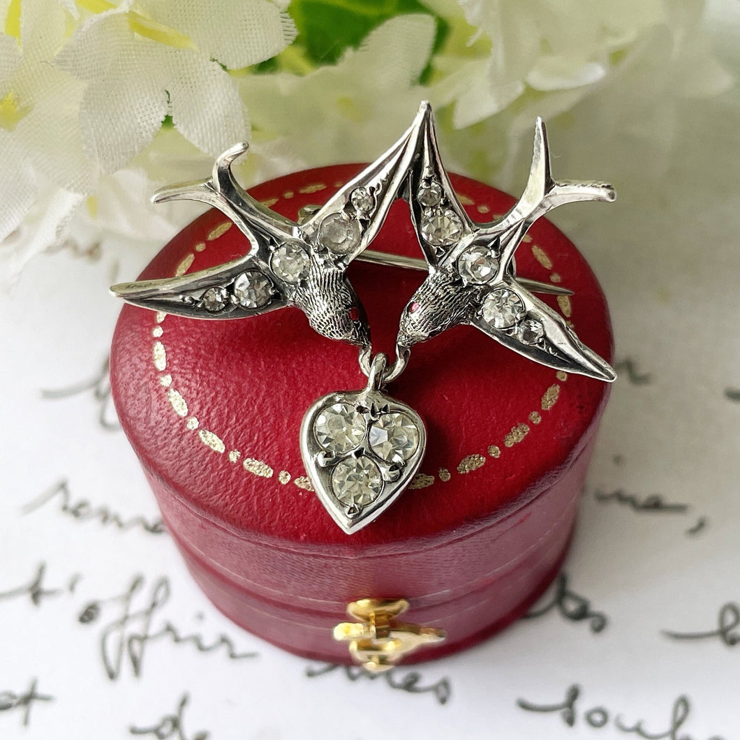 Antique Silver French Paste Diamond Saint Esprit Brooch. Victorian 2 Doves & Heart Sweetheart Brooch. Alternative Stock, Cravat, Tie Pin