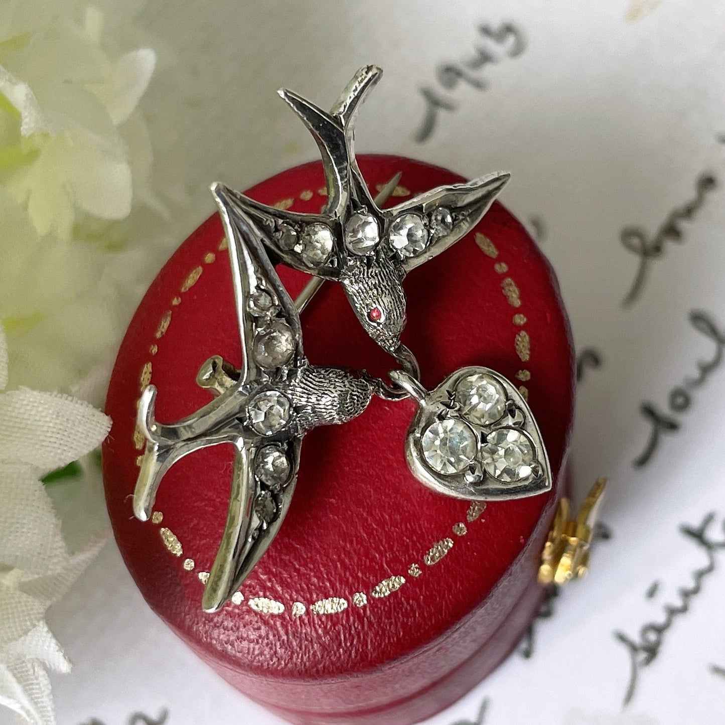 Antique Silver French Paste Diamond Saint Esprit Brooch. Victorian 2 Doves & Heart Sweetheart Brooch. Alternative Stock, Cravat, Tie Pin