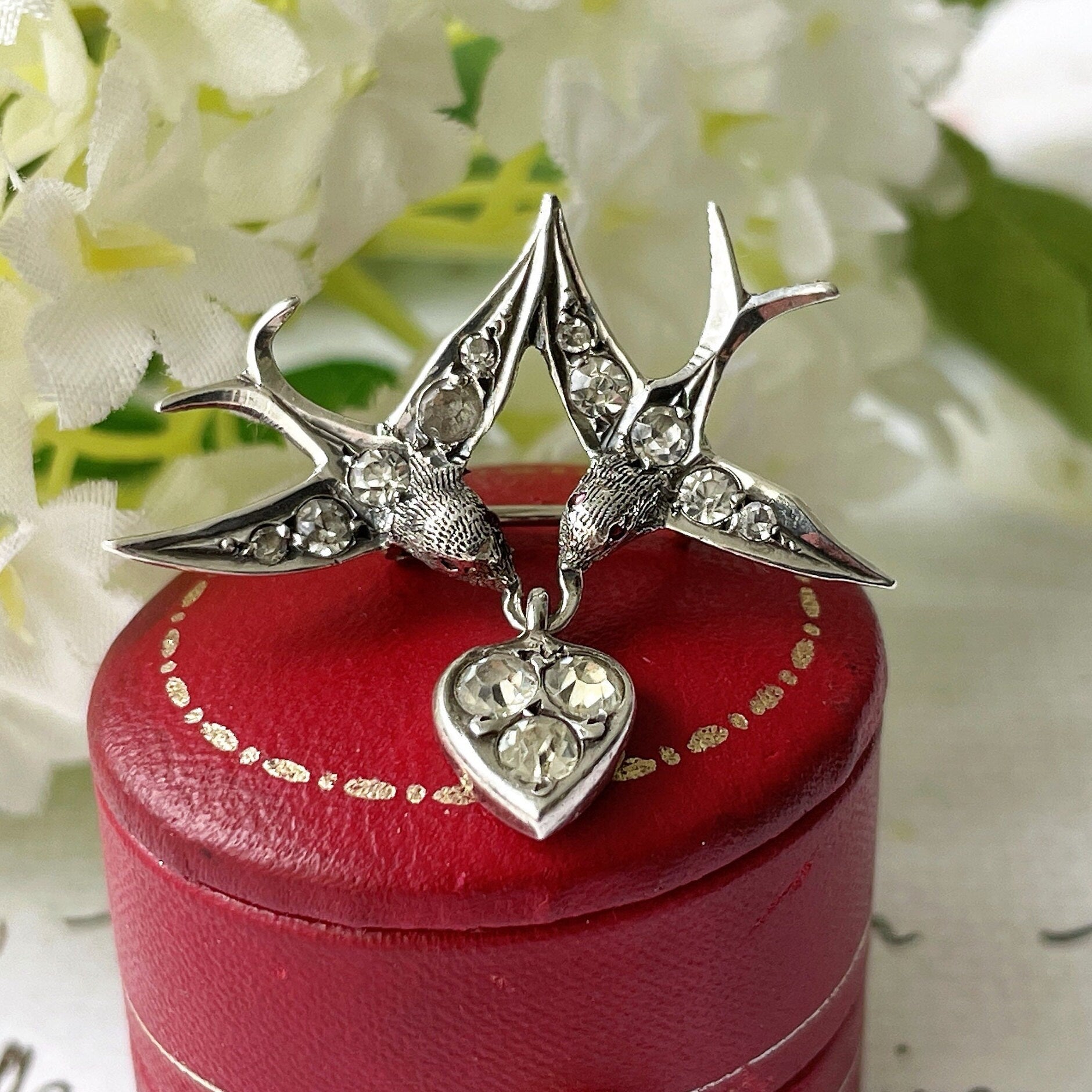 Antique Silver French Paste Diamond Saint Esprit Brooch. Victorian 2 Doves & Heart Sweetheart Brooch. Alternative Stock, Cravat, Tie Pin