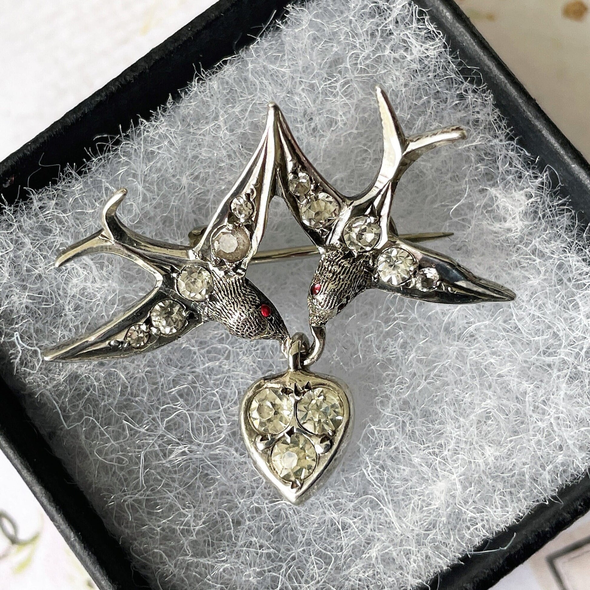 Antique Silver French Paste Diamond Saint Esprit Brooch. Victorian 2 Doves & Heart Sweetheart Brooch. Alternative Stock, Cravat, Tie Pin