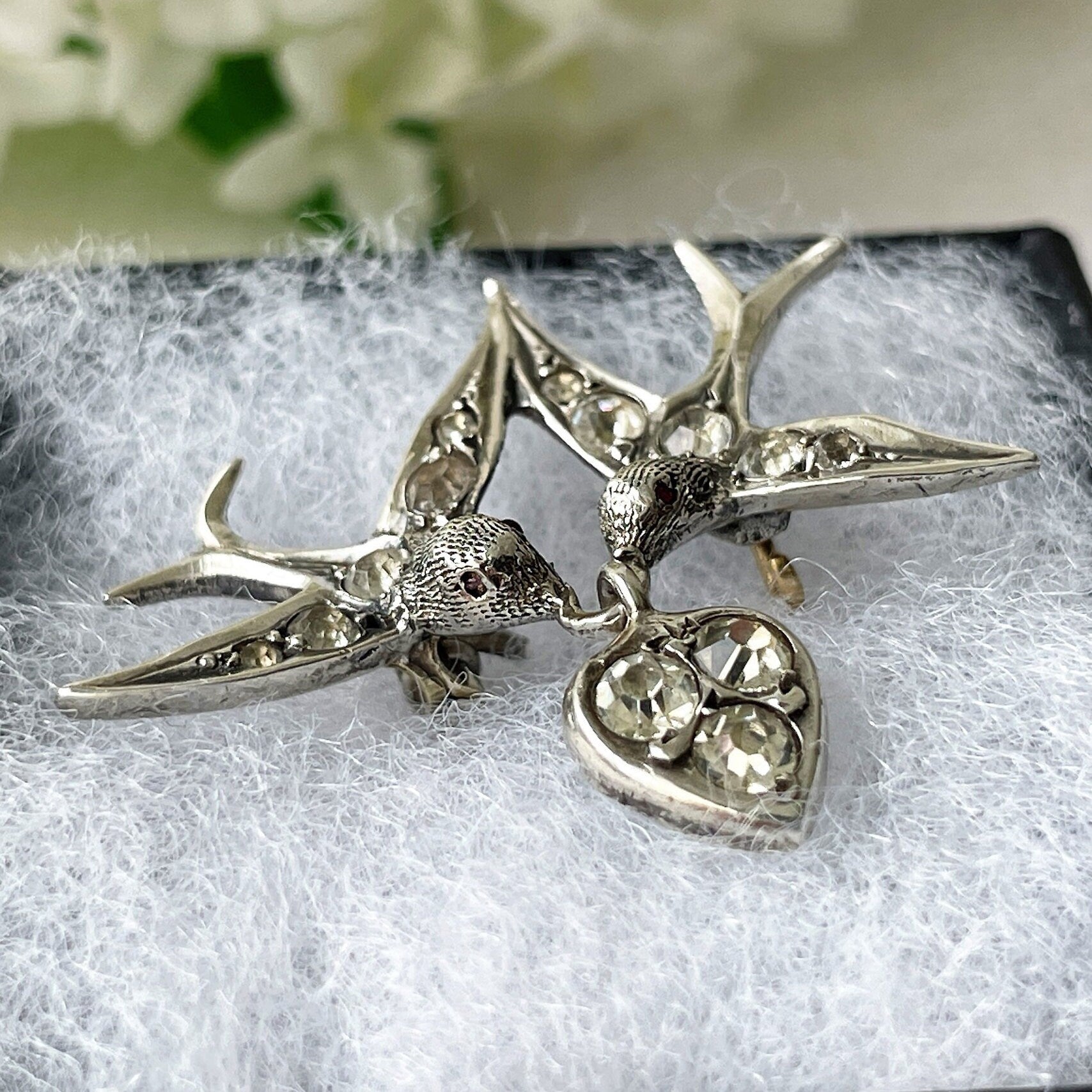 Antique Silver French Paste Diamond Saint Esprit Brooch. Victorian 2 Doves & Heart Sweetheart Brooch. Alternative Stock, Cravat, Tie Pin