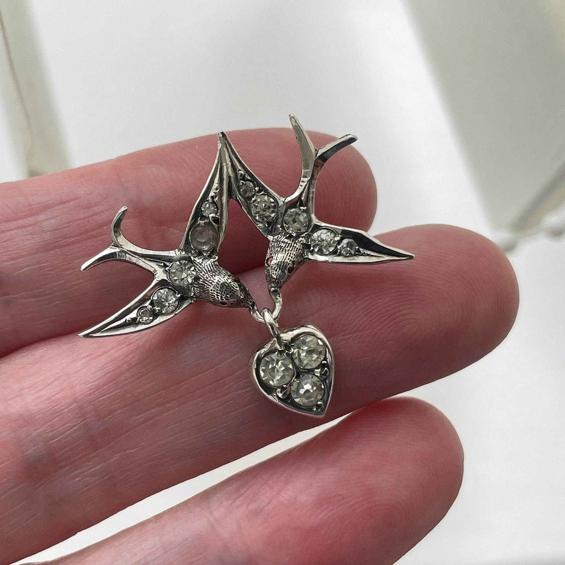 Antique Silver French Paste Diamond Saint Esprit Brooch. Victorian 2 Doves & Heart Sweetheart Brooch. Alternative Stock, Cravat, Tie Pin