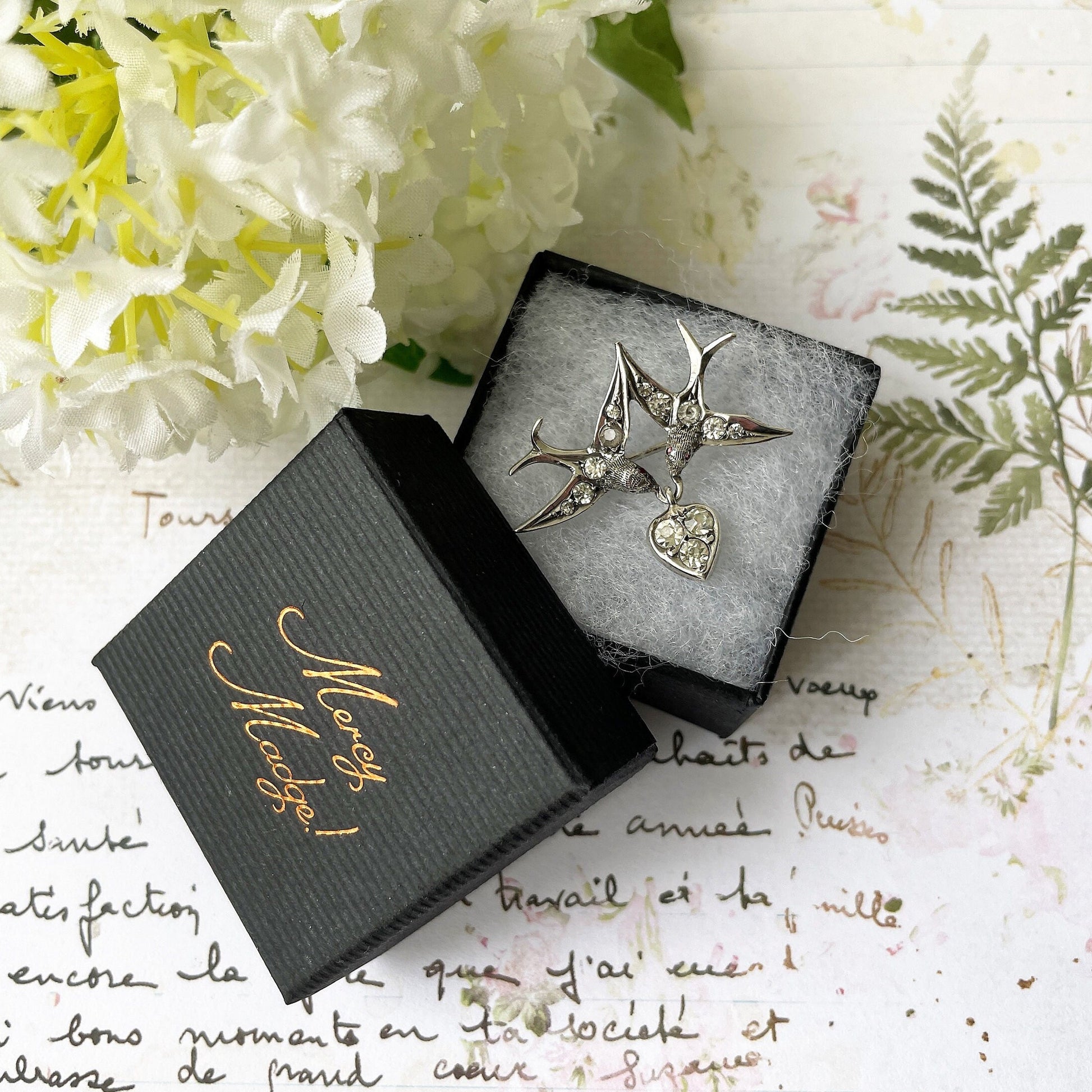 Antique Silver French Paste Diamond Saint Esprit Brooch. Victorian 2 Doves & Heart Sweetheart Brooch. Alternative Stock, Cravat, Tie Pin