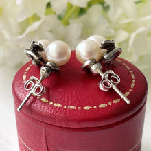 Load image into Gallery viewer, Vintage Mikimoto Sterling Silver Akoya Pearl Earrings. Twin Pearl &amp; Leaf Earrings For Pierced Ears. 6mm Saltwater Cultured Pearl Earrings
