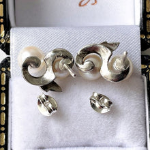 Load image into Gallery viewer, Vintage Mikimoto Sterling Silver Akoya Pearl Earrings. Twin Pearl &amp; Leaf Earrings For Pierced Ears. 6mm Saltwater Cultured Pearl Earrings
