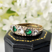 Cargar imagen en el visor de la galería, Vintage 9ct Gold Emerald &amp; White Zircon 5 Stone Ring. Edwardian Revival Antique Style Boat Ring. 1960s Half Hoop Cocktail Ring, O/UK, 7/US
