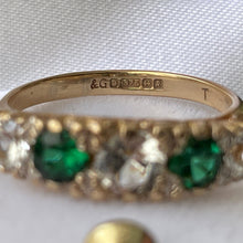 Lade das Bild in den Galerie-Viewer, Vintage 9ct Gold Emerald &amp; White Zircon 5 Stone Ring. Edwardian Revival Antique Style Boat Ring. 1960s Half Hoop Cocktail Ring, O/UK, 7/US
