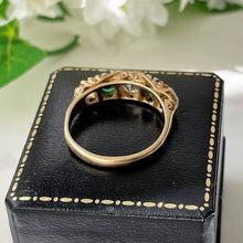 Cargar imagen en el visor de la galería, Vintage 9ct Gold Emerald &amp; White Zircon 5 Stone Ring. Edwardian Revival Antique Style Boat Ring. 1960s Half Hoop Cocktail Ring, O/UK, 7/US
