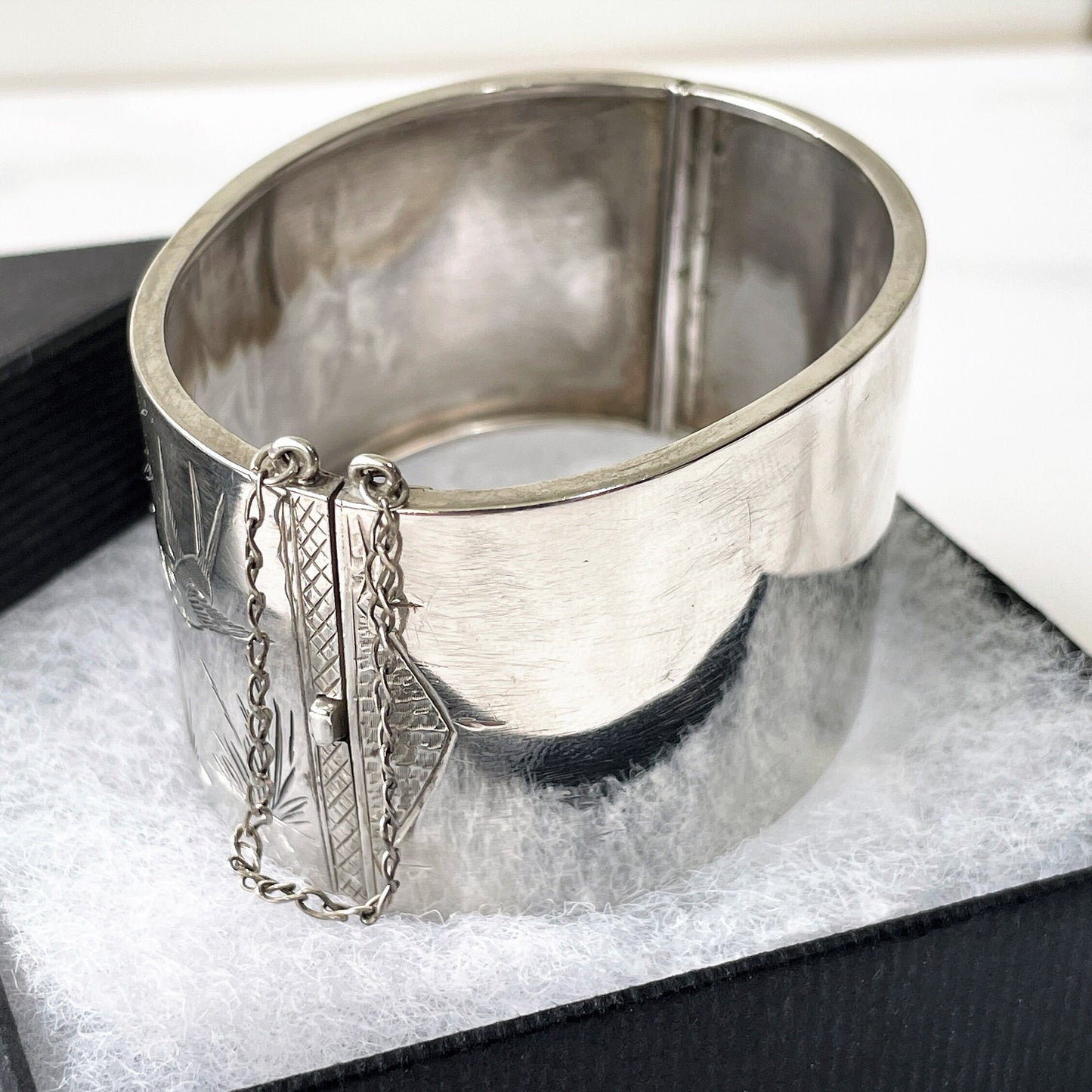 Victorian Aesthetic Engraved Silver Wide Cuff Bracelet, 1882 Hallmarks. Antique Hinged Sterling Silver Bangle, Engraved Swallows & Cranes