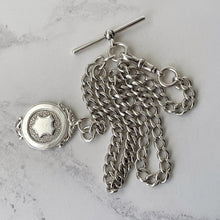 Lade das Bild in den Galerie-Viewer, Antique Silver Pocket Watch Chain With Fob, T-Bar &amp; Dog Clip. Albert Watch Chain. Art Deco Sterling Silver Curb Link Watch Chain Bracelet
