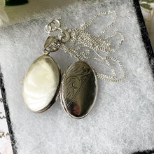 Load image into Gallery viewer, Vintage English Sterling Silver Oval Locket Pendant &amp; Chain. Small Floral Oval Locket Necklace. 1970s Antique Style Photo Locket.
