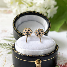 Load image into Gallery viewer, Vintage 9ct Gold Sapphire Cluster Earrings. Yellow Gold Daisy Flower Stud Earrings. Petite/Minimalist Rose Cut Blue Sapphire Earrings
