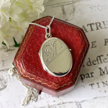 Load image into Gallery viewer, Vintage English Engraved Silver Locket Pendant &amp; Chain. Small Oval Floral Engraved Locket Necklace. Antique Style Petite Photo Locket
