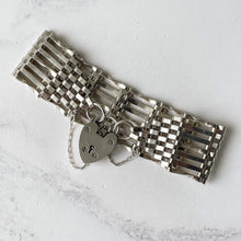 Load image into Gallery viewer, Vintage Sterling Silver Wide Gate Bracelet With Heart Padlock Clasp. Victorian Style 7-Bar Gate English Sweetheart Bracelet, London 1978
