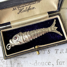 Load image into Gallery viewer, Antique Victorian Silver &amp; Ruby Articulated Fish Pendant. Aesthetic Era Jewelled Fish Pendant/Watch Fob. Large Silver Novelty Fob Pendant
