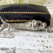 Lade das Bild in den Galerie-Viewer, Antique Victorian Silver &amp; Ruby Articulated Fish Pendant. Aesthetic Era Jewelled Fish Pendant/Watch Fob. Large Silver Novelty Fob Pendant
