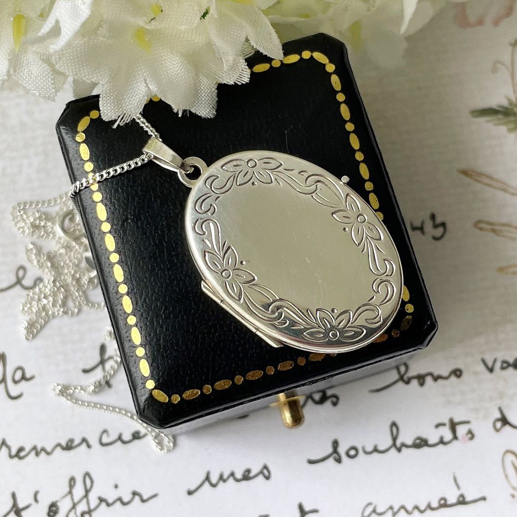 Vintage Sterling Silver Engraved Oval Locket Pendant Necklace. Flower Garland Locket & Chain. Medium Size 2-Photo Locket Necklace, Germany
