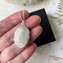 Load image into Gallery viewer, Vintage Sterling Silver Engraved Oval Locket Pendant Necklace. Flower Garland Locket &amp; Chain. Medium Size 2-Photo Locket Necklace, Germany
