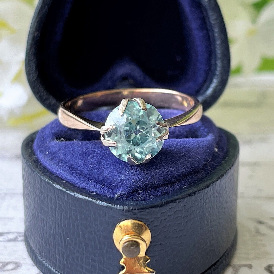 Antique Blue Zircon Solitaire 9ct Gold Ring. Edwardian/Art Deco 1.50ct Single Stone Engagement Ring. Sky Blue Zircon Ring, UK N, US 6.75