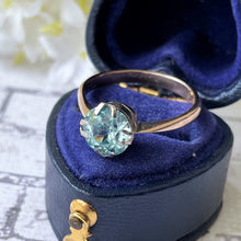 Load image into Gallery viewer, Antique Blue Zircon Solitaire 9ct Gold Ring. Edwardian/Art Deco 1.50ct Single Stone Engagement Ring. Sky Blue Zircon Ring, UK N, US 6.75
