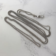 Load image into Gallery viewer, Victorian Silver 55” Long Guard Chain Necklace With Swivel Clip. Antique Sterling Silver Curb Chain Sautoir Necklace. Victorian Muff Chain
