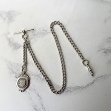 Load image into Gallery viewer, Antique Silver Pocket Watch Chain With Fob, T-Bar &amp; Dog Clip. Albert Watch Chain. Art Deco Sterling Silver Curb Link Watch Chain Bracelet
