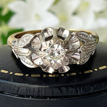 Cargar imagen en el visor de la galería, Vintage 18ct Gold Diamond Solitaire Buttercup Ring. Star Set 0.25ct Diamond Flower Ring. 1970s Retro Statement Cocktail/Engagement Ring
