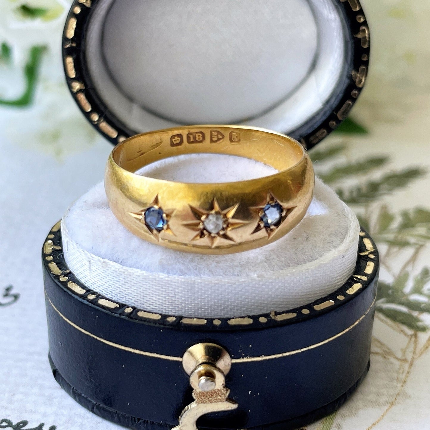 Antique 18ct Gold Diamond & Sapphire Gypsy Ring, Chester 1905. Edwardian Star Set 3-Stone Trilogy Ring. Antique Yellow Gold Dome Band Ring.