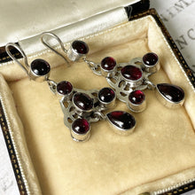 Lade das Bild in den Galerie-Viewer, Antique Bohemian Garnet Pendant Drop Earrings. Art Nouveau Sterling Silver Red Garnet Earrings. Arts &amp; Crafts Era Celtic Knot Earrings.
