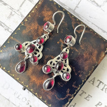 Cargar imagen en el visor de la galería, Antique Bohemian Garnet Pendant Drop Earrings. Art Nouveau Sterling Silver Red Garnet Earrings. Arts &amp; Crafts Era Celtic Knot Earrings.
