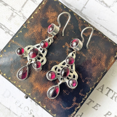 Antique Bohemian Garnet Pendant Drop Earrings. Art Nouveau Sterling Silver Red Garnet Earrings. Arts & Crafts Era Celtic Knot Earrings.