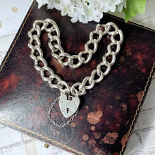 Load image into Gallery viewer, Vintage Heavy Sterling Silver Heart Padlock Bracelet. Chunky Victorian Style Curb Chain Bracelet. Unisex English Bracelet, Hallmarked 1979
