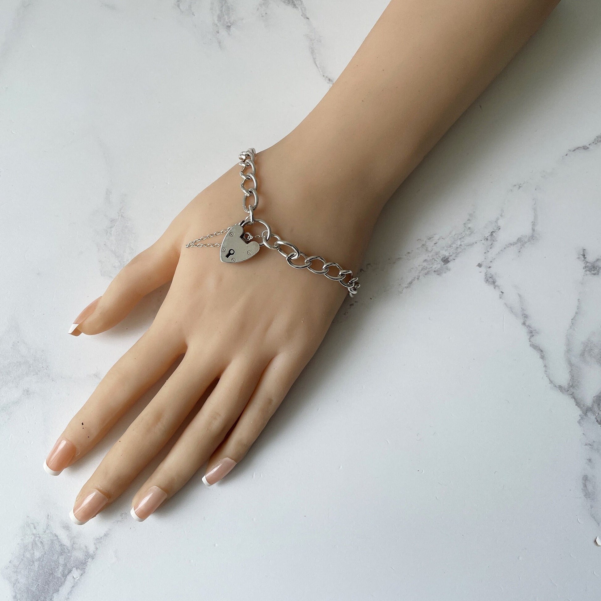 Vintage English Silver Curb Chain Bracelet With Love Heart Padlock