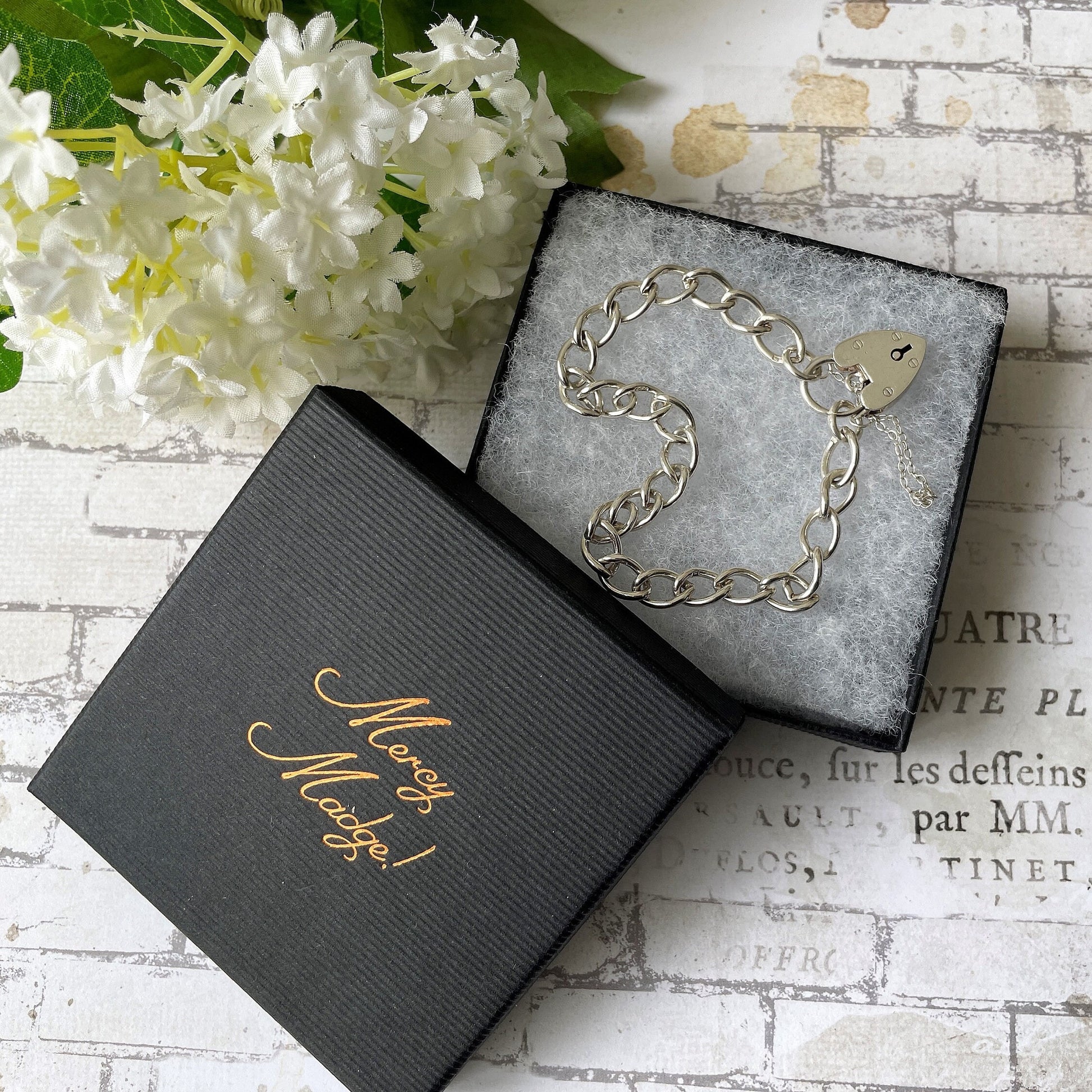Vintage English Silver Curb Chain Bracelet With Love Heart Padlock