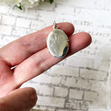 Load image into Gallery viewer, Vintage English Engraved Silver Locket Pendant &amp; Chain. Small Oval Floral Engraved Locket Necklace. Antique Style Petite Photo Locket
