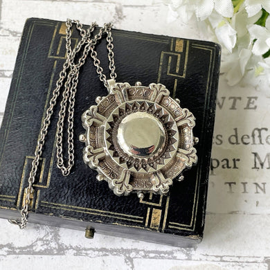 Antique Victorian c1884 Silver Target Locket Pendant & Chain. Aesthetic Engraved Rhondelle Wheel Pendant With Photo Compartment.