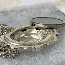 Cargar imagen en el visor de la galería, Antique Victorian c1884 Silver Target Locket Pendant &amp; Chain. Aesthetic Engraved Rhondelle Wheel Pendant With Photo Compartment.
