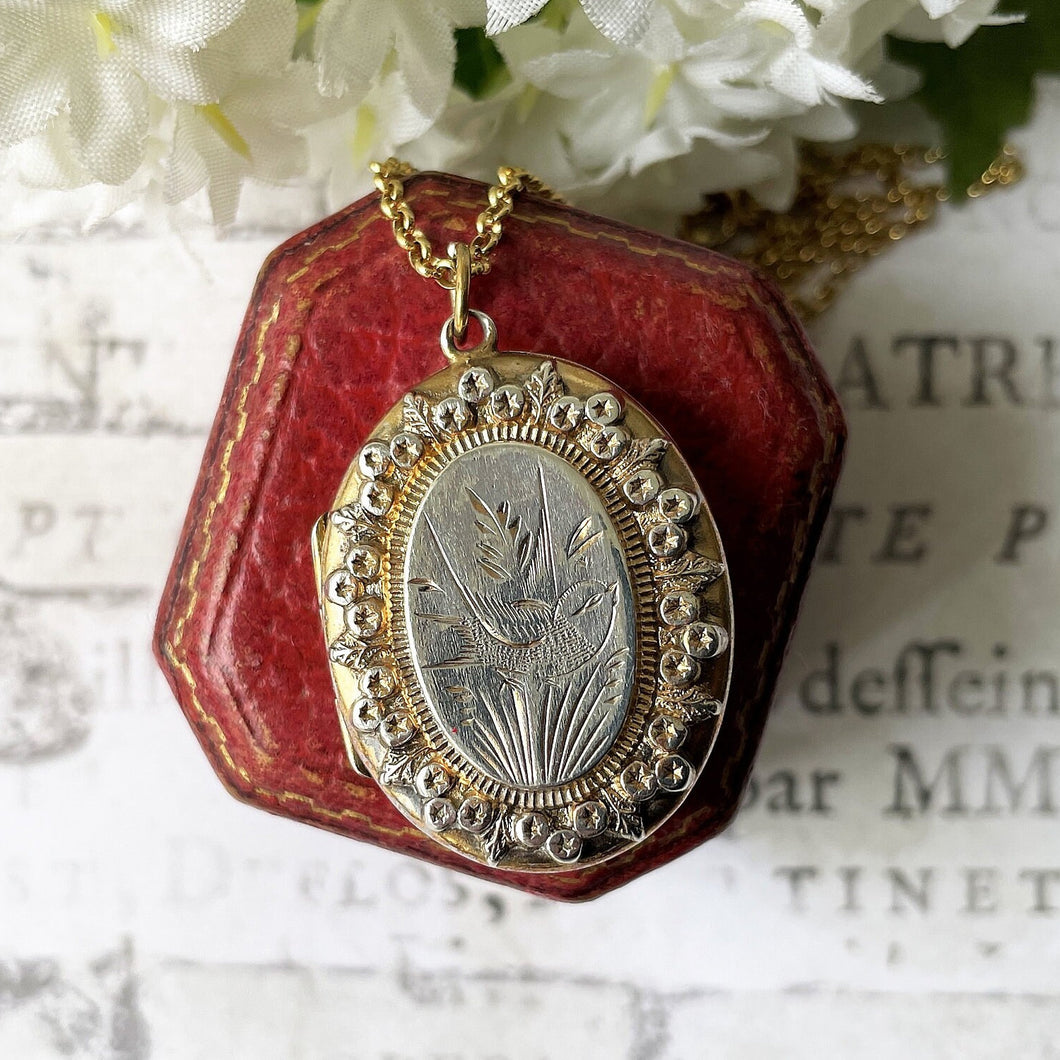 Victorian Aesthetic Engraved Gold On Silver Locket, 1884 Hallmarks. Antique Engraved Swallow Oval Sweetheart Locket On Chain.