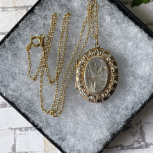 Load image into Gallery viewer, Victorian Aesthetic Engraved Gold On Silver Locket, 1884 Hallmarks. Antique Engraved Swallow Oval Sweetheart Locket On Chain.
