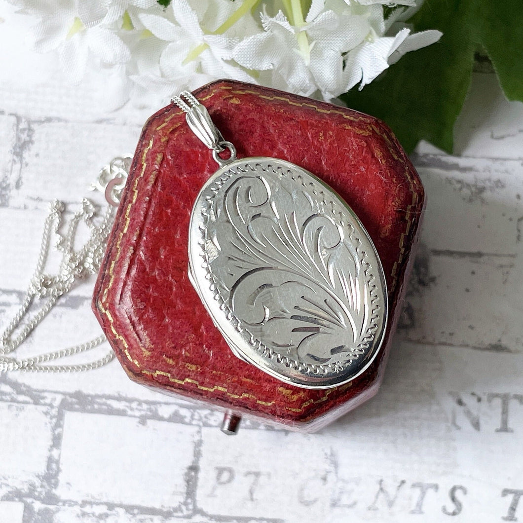Vintage Edwardian Style English Sterling Silver Locket & Curb Chain. 1970s Floral Engraved Slender Oval Photo Locket Necklace.
