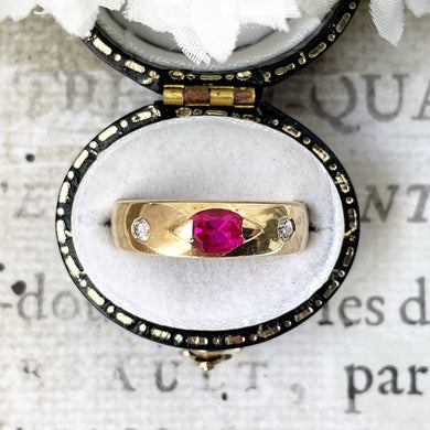 Vintage 14ct Gold Hot Pink Sapphire & Diamond Gypsy Ring. Yellow Gold 3-Stone Trilogy 