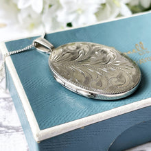 画像をギャラリービューアに読み込む, Vintage Edwardian Style English Sterling Silver Locket &amp; Curb Chain. 1970s Floral Engraved Chubby Oval Photo Locket Necklace.
