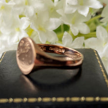 Load image into Gallery viewer, Vintage 9ct Rose Gold Signet Ring. Edwardian Style Floral Engraved Gold Signet Ring. Classic Lady&#39;s English Signet Ring Size N.5 (UK) 7 (US)
