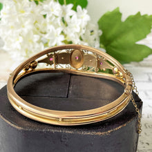 Load image into Gallery viewer, Victorian Pinchbeck Gold, Diamond &amp; Ruby Bangle. Antique Etruscan Style Yellow Gold Bangle. Mine Cut Diamond, Hot Pink Ruby Antique Bracelet
