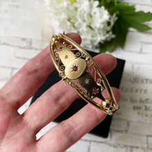 Load image into Gallery viewer, Victorian Pinchbeck Gold, Diamond &amp; Ruby Bangle. Antique Etruscan Style Yellow Gold Bangle. Mine Cut Diamond, Hot Pink Ruby Antique Bracelet
