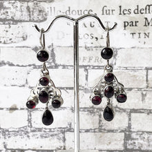 Load image into Gallery viewer, Antique Bohemian Garnet Pendant Drop Earrings. Art Nouveau Sterling Silver Red Garnet Earrings. Arts &amp; Crafts Era Celtic Knot Earrings.
