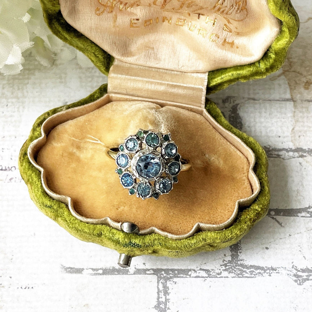 Antique Victorian 9ct Gold & Silver Aquamarine Paste Ring. Georgian Pale Blue Paste Flower Ring. Daisy Cluster Antique Paste Gemstone Ring