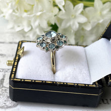Cargar imagen en el visor de la galería, Antique Victorian 9ct Gold &amp; Silver Aquamarine Paste Ring. Georgian Pale Blue Paste Flower Ring. Daisy Cluster Antique Paste Gemstone Ring
